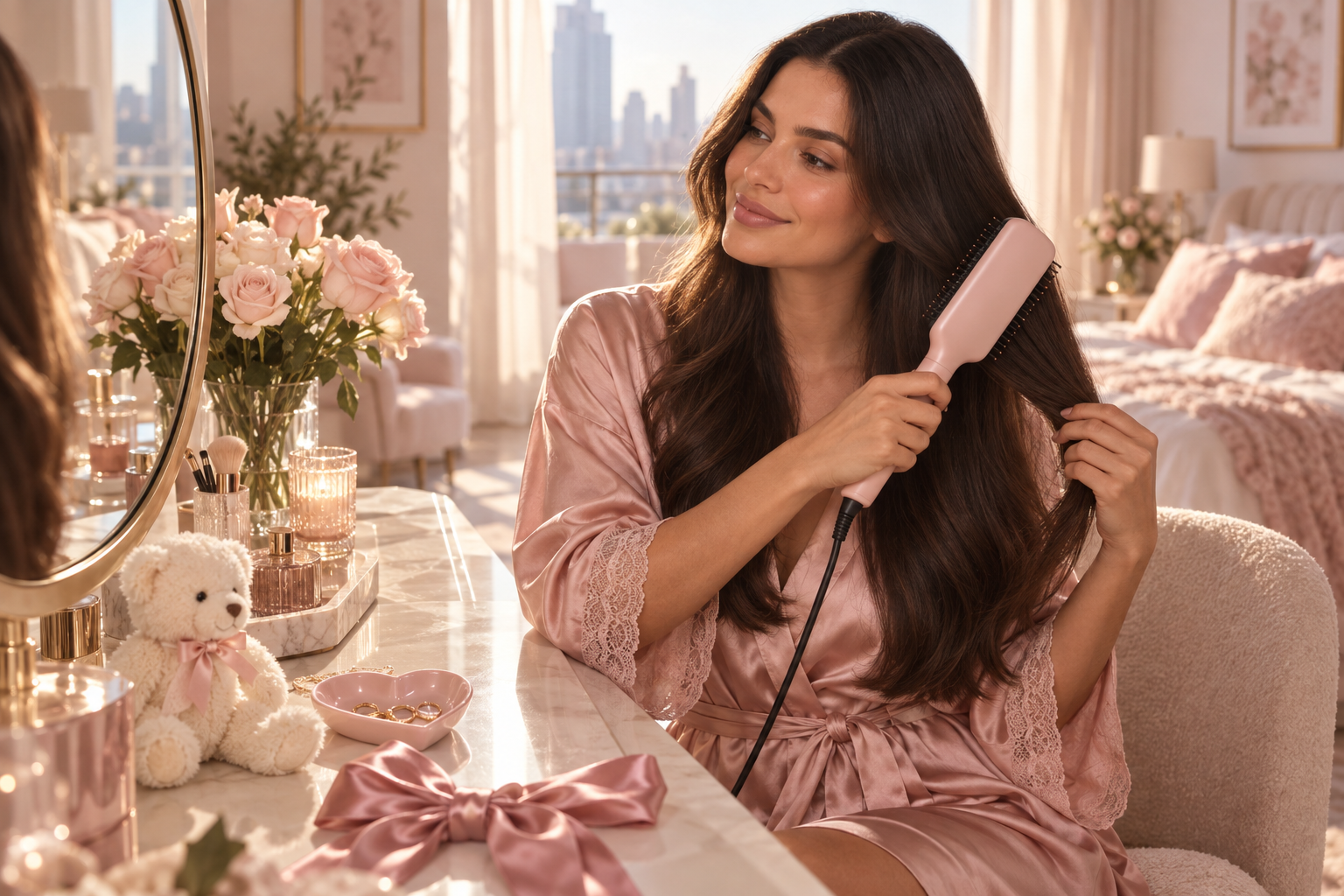 Escena ilustrativa de belleza frente al tocador, con tonos rosa y un osito